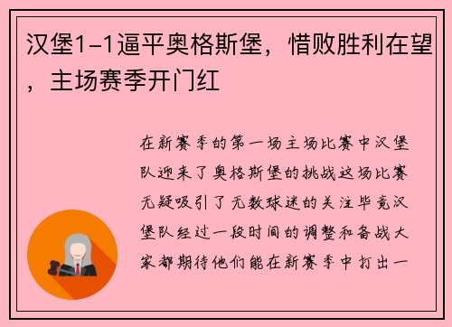 汉堡1-1逼平奥格斯堡，惜败胜利在望，主场赛季开门红