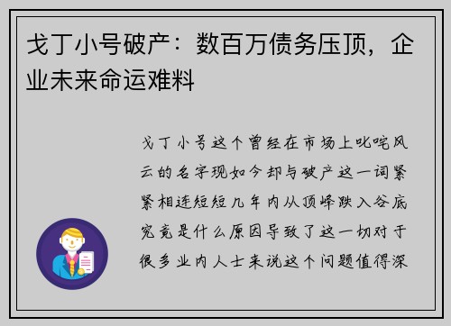 戈丁小号破产：数百万债务压顶，企业未来命运难料