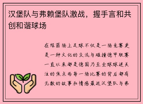 汉堡队与弗赖堡队激战，握手言和共创和谐球场