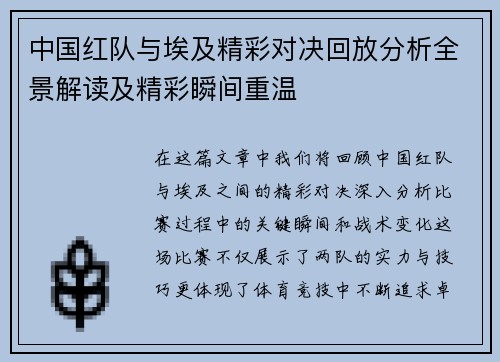 中国红队与埃及精彩对决回放分析全景解读及精彩瞬间重温