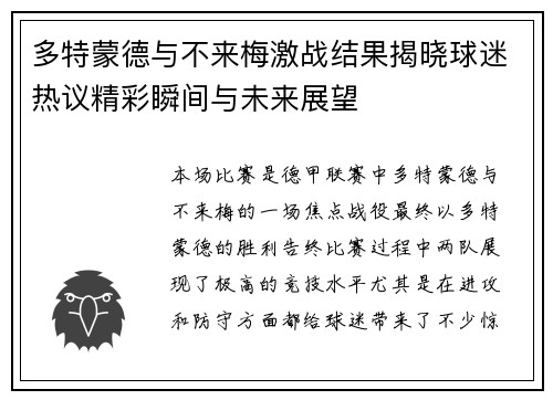 多特蒙德与不来梅激战结果揭晓球迷热议精彩瞬间与未来展望