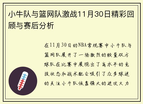 小牛队与篮网队激战11月30日精彩回顾与赛后分析
