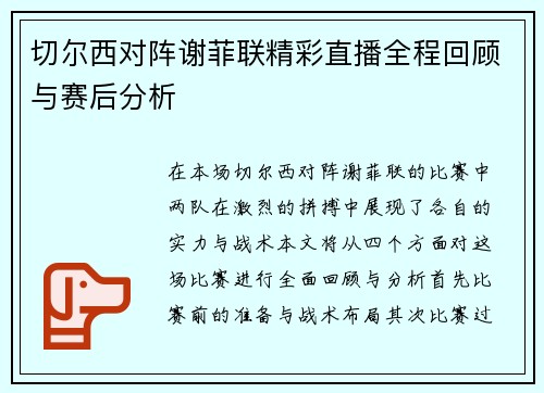 切尔西对阵谢菲联精彩直播全程回顾与赛后分析
