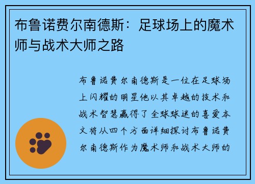 布鲁诺费尔南德斯：足球场上的魔术师与战术大师之路