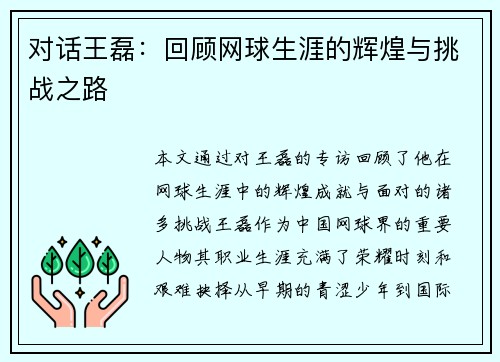 对话王磊：回顾网球生涯的辉煌与挑战之路