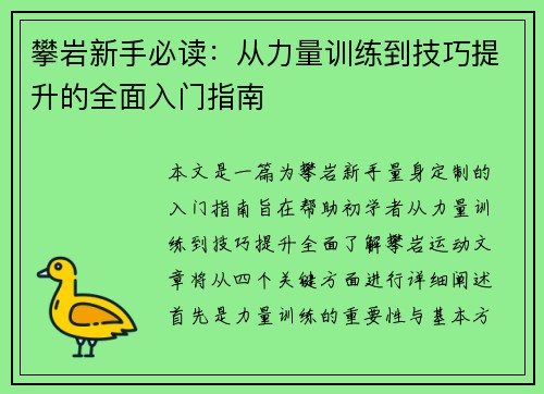 攀岩新手必读：从力量训练到技巧提升的全面入门指南